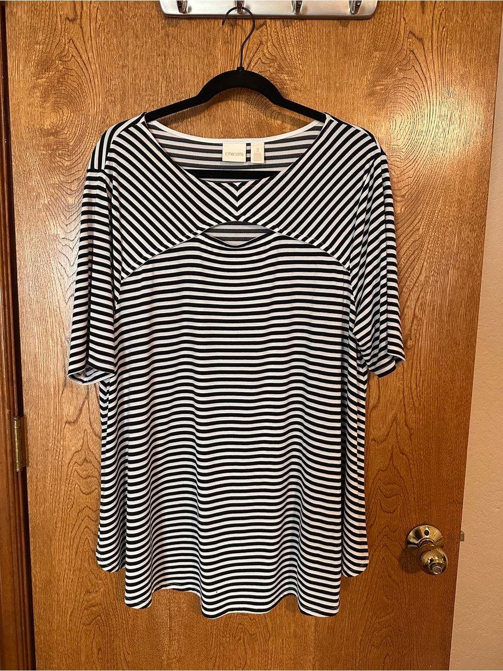 Chico's Black and White Striped Short Sleeve Top